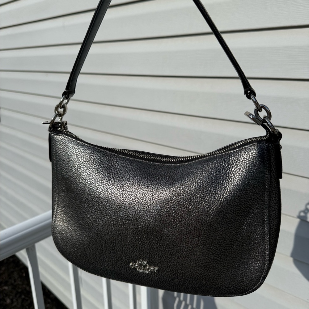 Coach Metallic Pewter Pebbled Leather Hobo with Strap